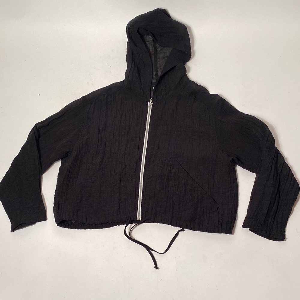 Vintage 1990s SHEER CRINKLY Black Zip Up Hoodie with Kangaroo Pockets! One Size